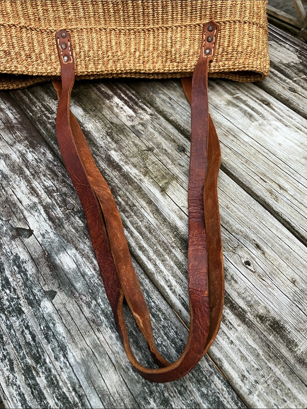 Vintage French Market Bag Sisal Straw Tote Leather Straps - Picture 9 of 13